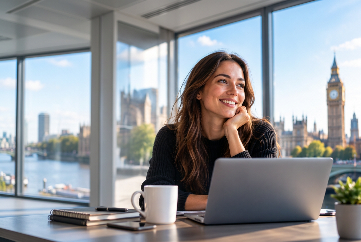 A Skillora learner studying online from a bright workspace in London